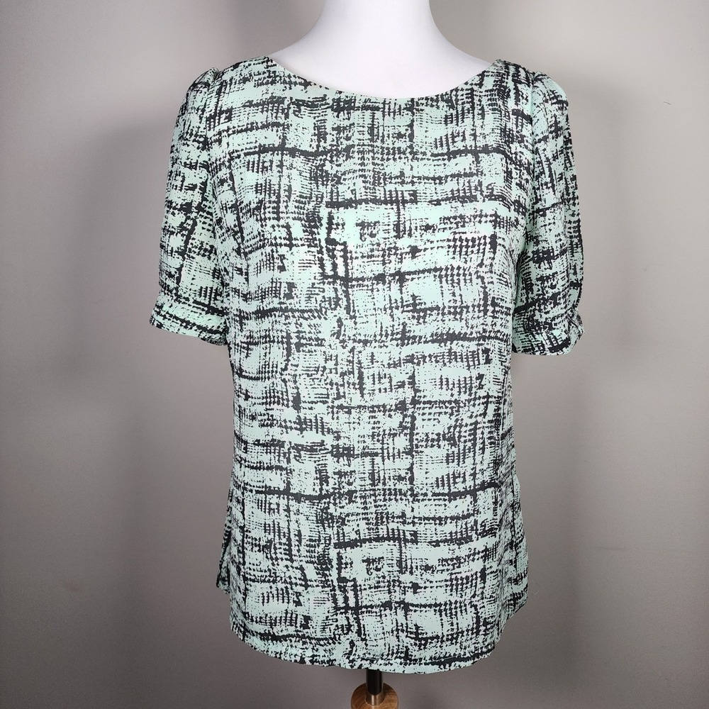 Banana Republic Blouse Womens XS Mint Green Black Abstract Top Lightweight Silky